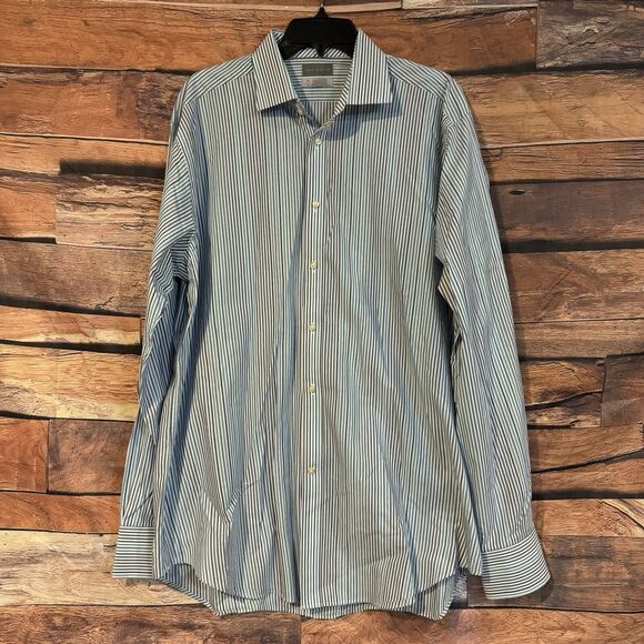 Thomas Dean XL Blue Striped Flip Cuff Button Up Shirt Long Sleeve Cotton Preppy - Picture 1 of 7